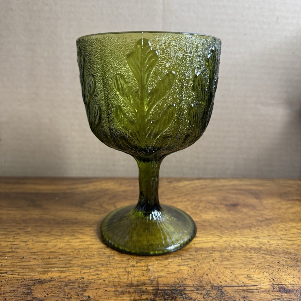 (1) Vintage 1975 FTD Pressed Green Glass Large Goblet Fall‎ Glass Stemware 16oz